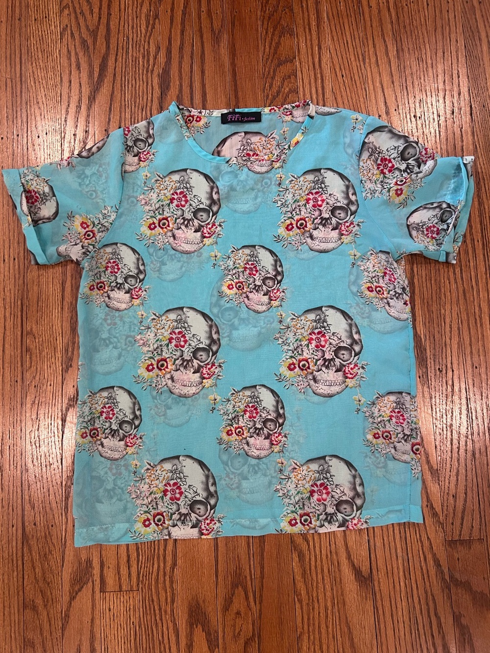 Floral Skull Print Sheer Top - size small